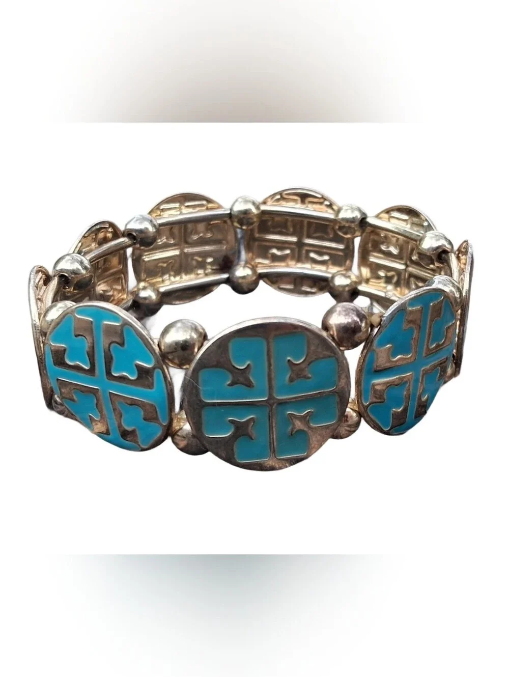 Rustic Cuff Turquoise Enamel Cross Logo Stretch Bracelet Gold Tone